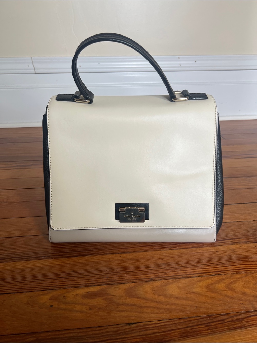 Kate Spade Colorblock Leather Satchel Crossbody Bag Dust Bag - Cream Black Grey - Picture 1 of 9